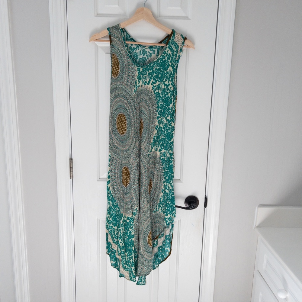 Swim Cover up Sleeveless Teal and Gold Patterned Dress